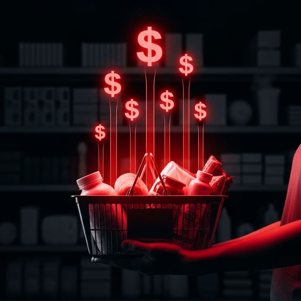 Rising grocery prices with red dollar symbols increasing above a shopping basket, representing inflation and tariff-driven cost pressure.