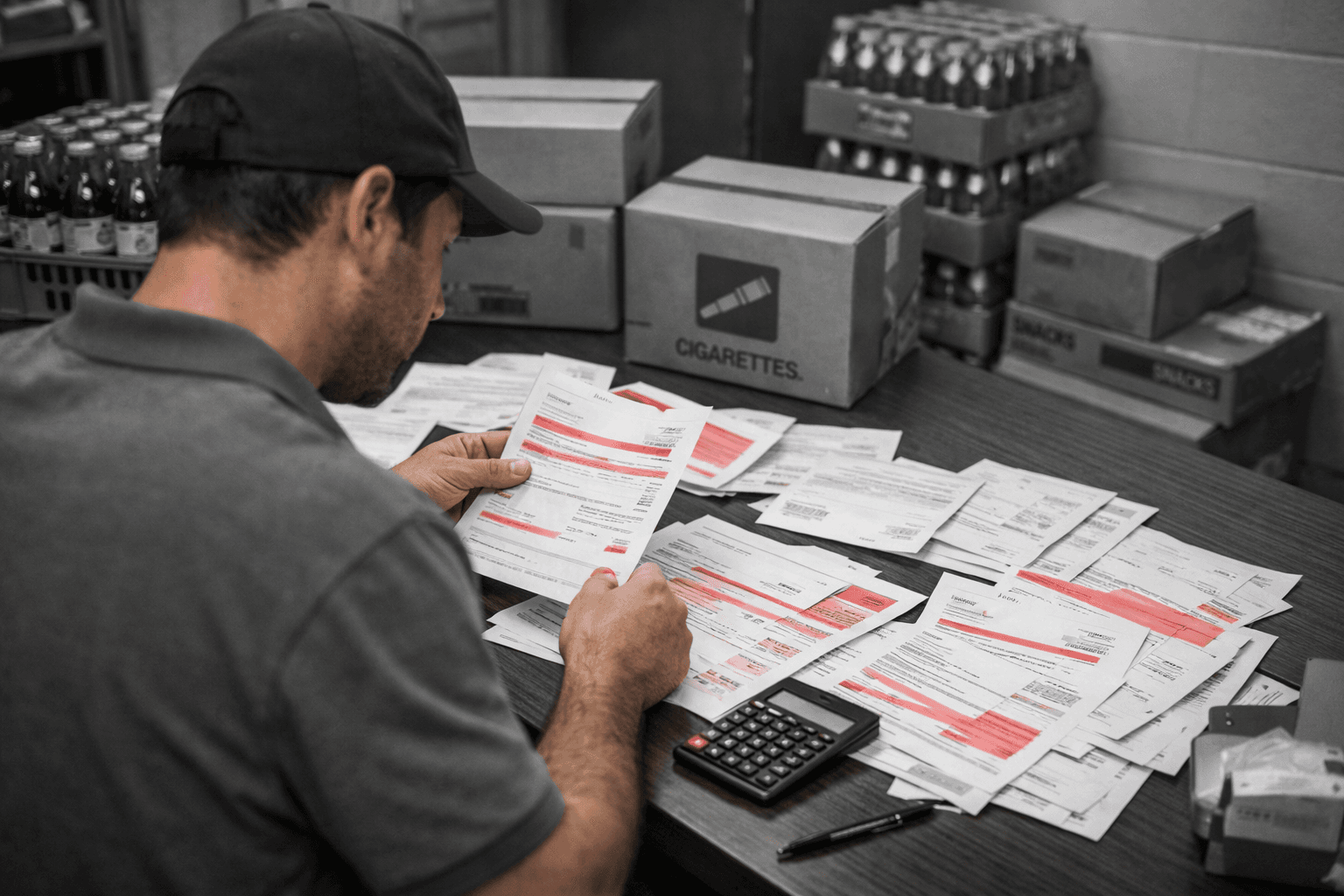 Store employee checking supplier invoices and delivery paperwork in convenience store office