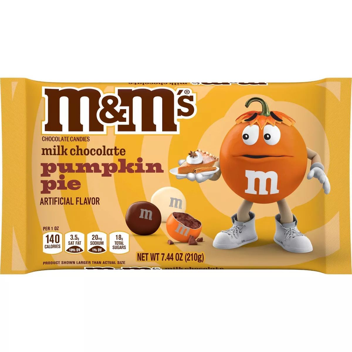 A bag of M&M's Milk Chocolate Pumpkin Pie featuring fall-themed packaging. The limited-edition candy combines the sweet taste of milk chocolate with warm pumpkin pie spices, making it an ideal seasonal treat for impulse buys at convenience stores, gas stations, and grocery stores.