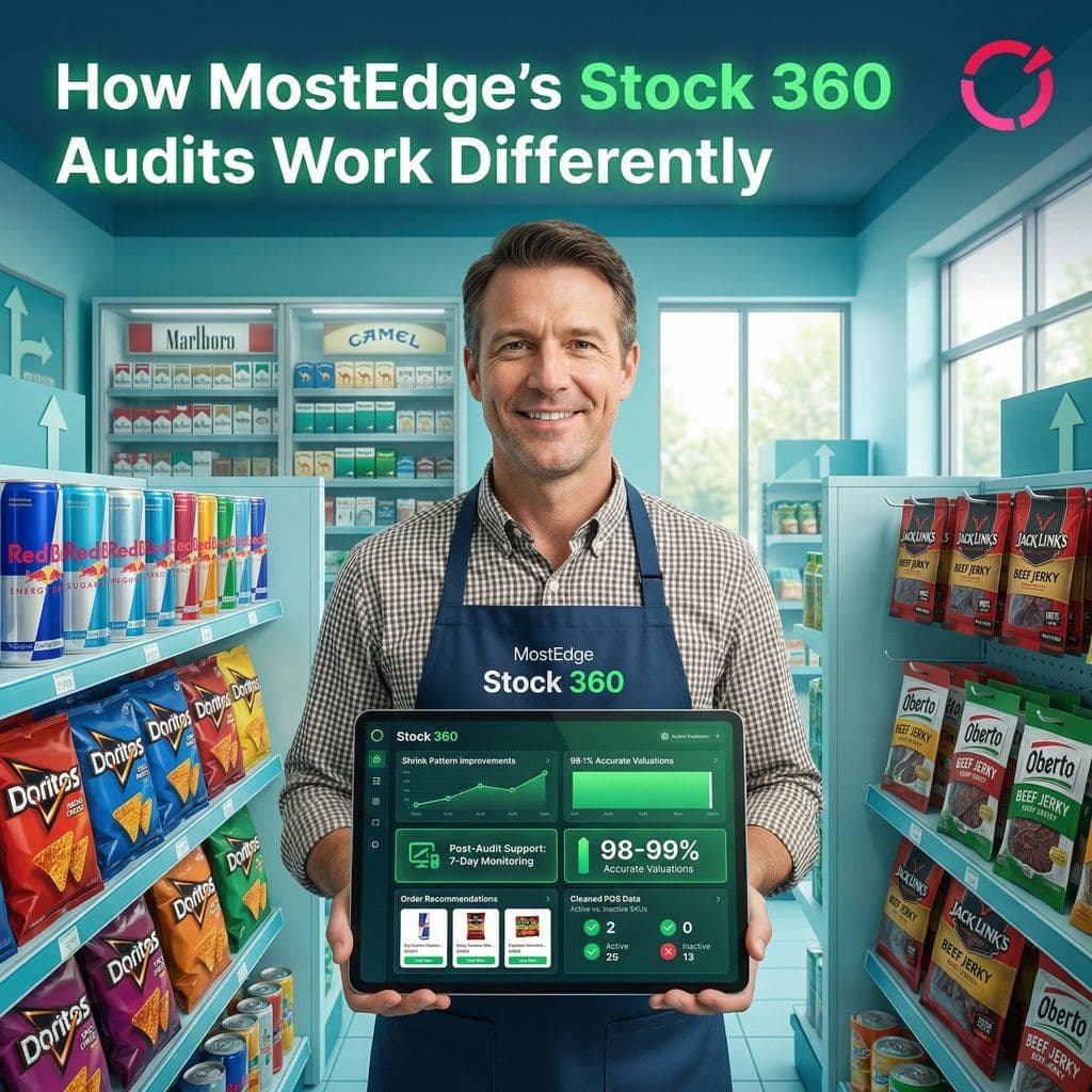 MostEdge Stock 360 dashboard screenshot: trend graphs, shrink alerts, and 98% accurate valuation helping convenience store owners replace failing manual audits.