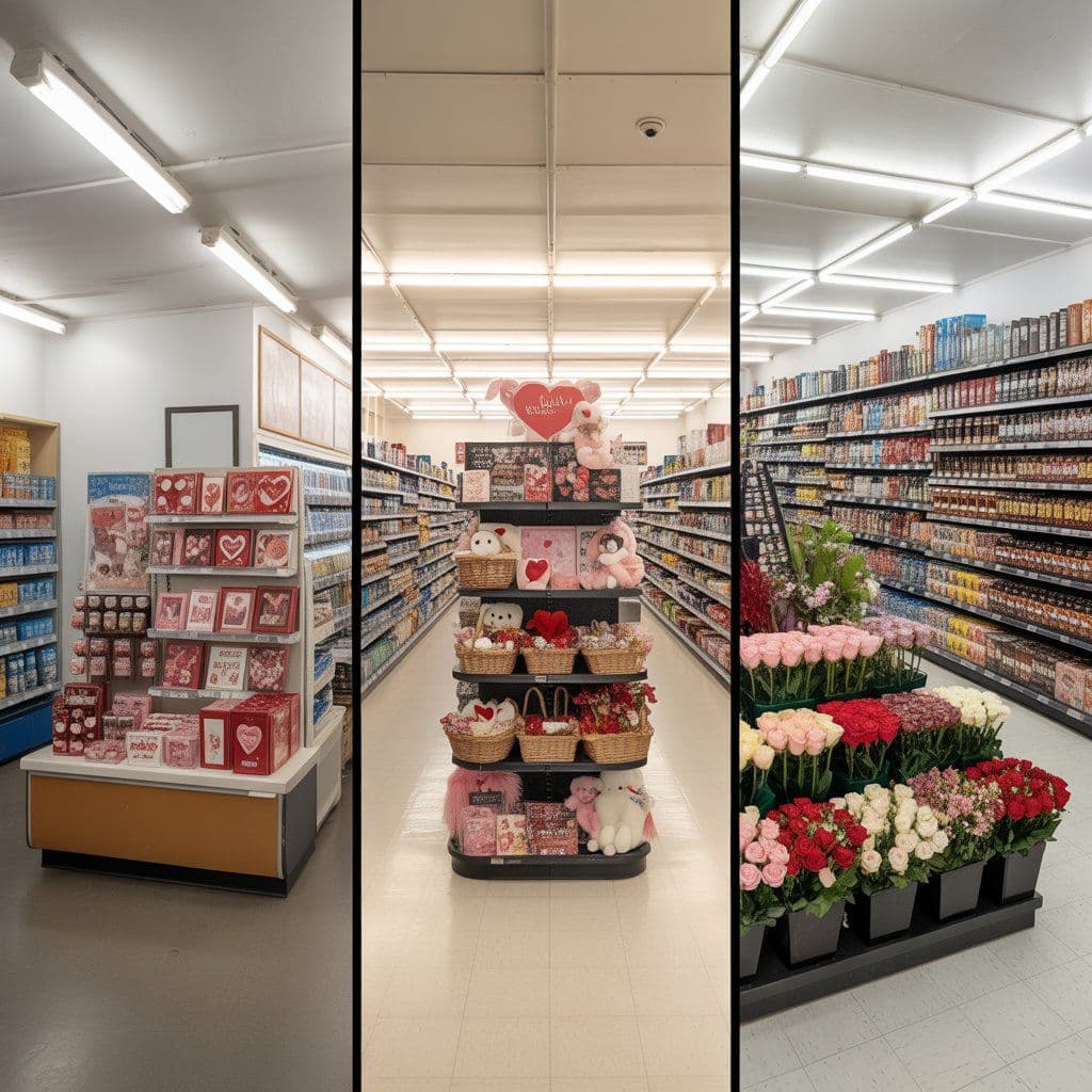 Last-minute Valentine shoppers buying candy and flowers at a convenience store checkout